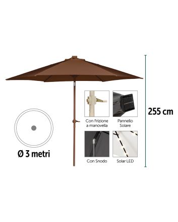 OMBRELLONE P.CENT. 3MT C/18LED ACC.MARRONE