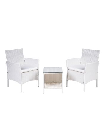 SET 2 POLTRONE C/CUSCINO E TAV. WICKER BIANCO