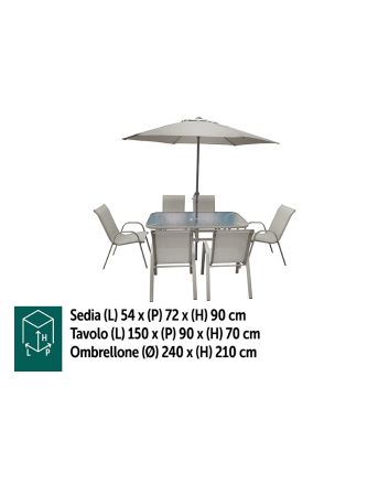 TAVOLO 150CM C/6 SEDIE E OMBR.240CM GRIGIO
