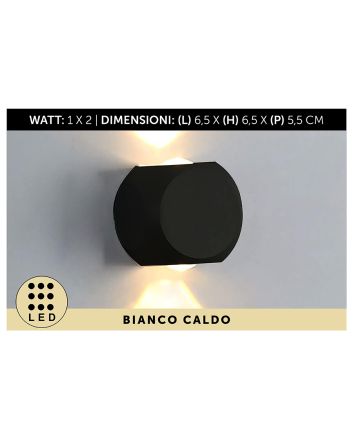 APPLIQUE DA MURO ALL.2LED 6X6X5 NERO L.CALD
