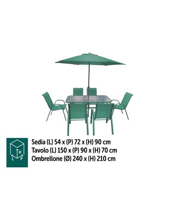 TAVOLO 150CM C/6 SEDIE E OMBR.240CM VERDE