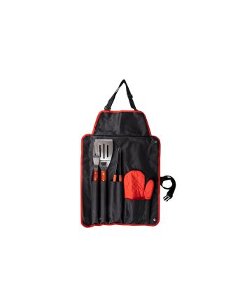 SET 4 ACC.BBQ ACCIAIO C/MAN.LEGNO+GREMBIULE